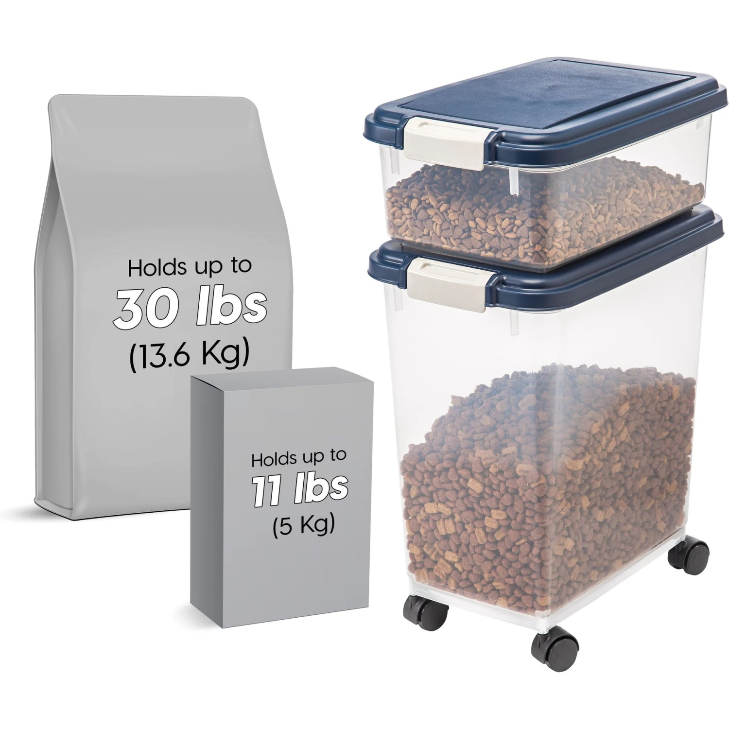 IRIS USA 2-Piece WeatherPro Airtight Stackable Dog Cat & Bird Food Pet Food Storage Container Combo & Treat Box, Navy, 35-lb - Image 2