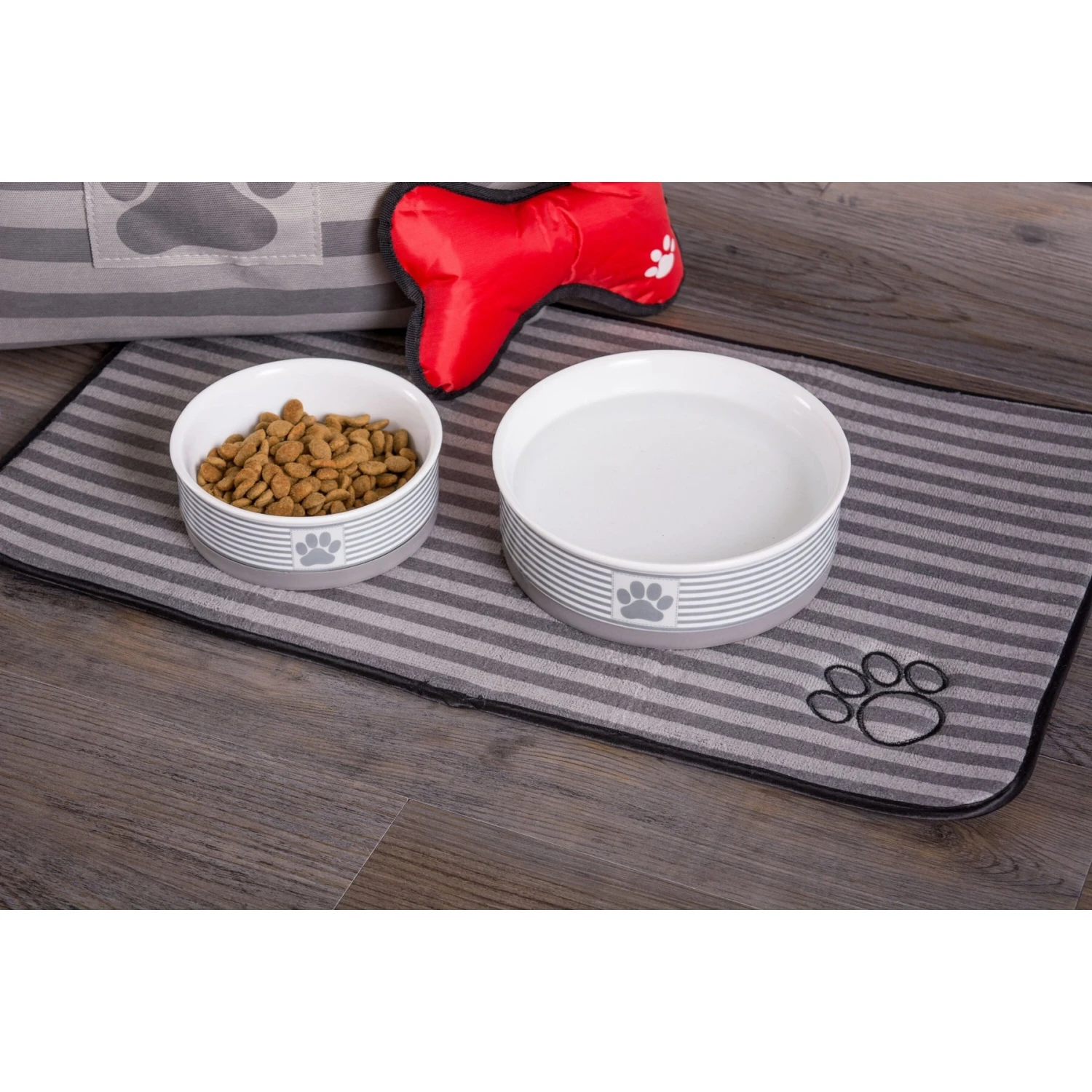 Bone Dry Stripe Embroidered Paw Print Dog & Cat Food Mat - Image 2