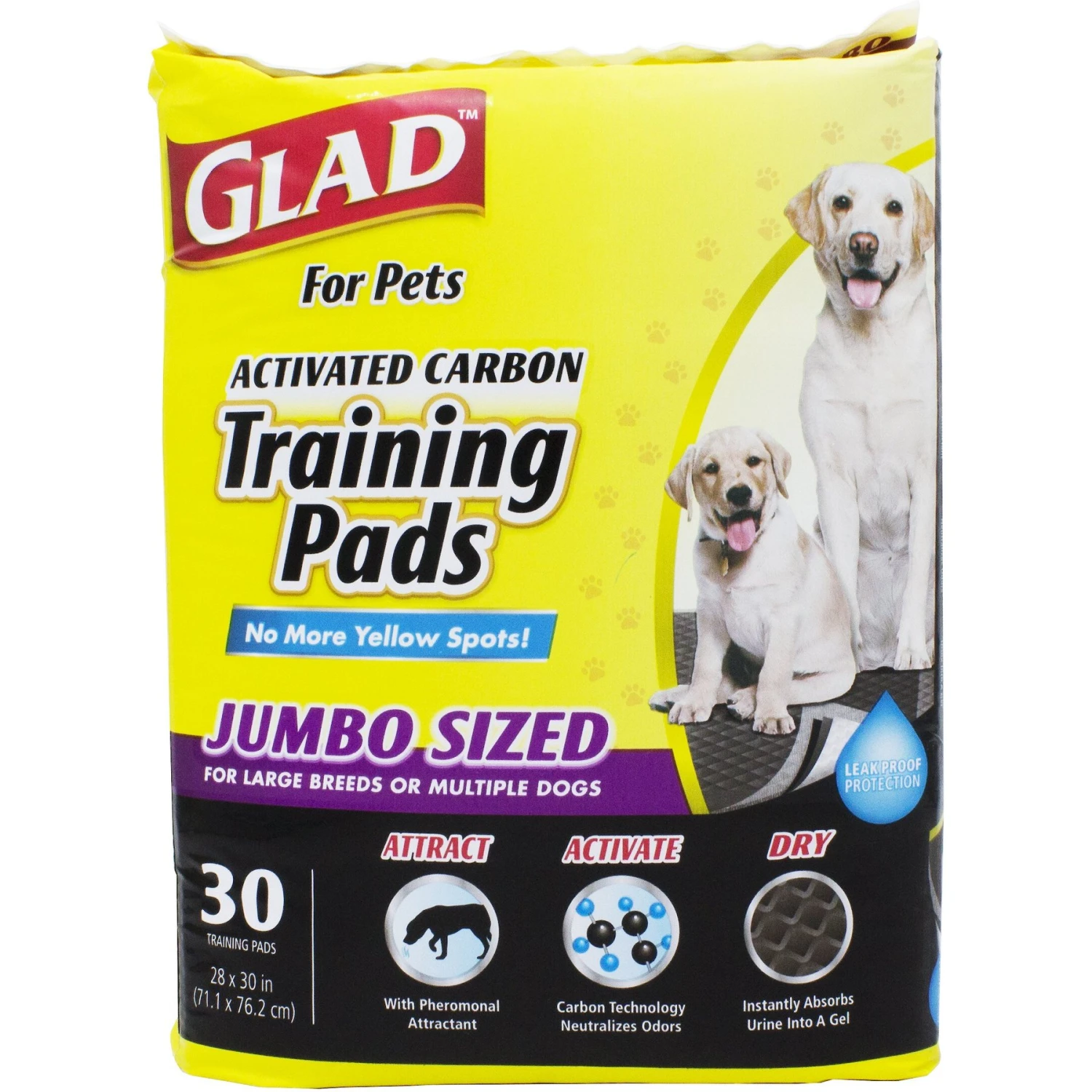 Glad For Pets Activated Carbon Jumbo Dog Training Pads, 28 X 30-in, 30 Count, Unscented