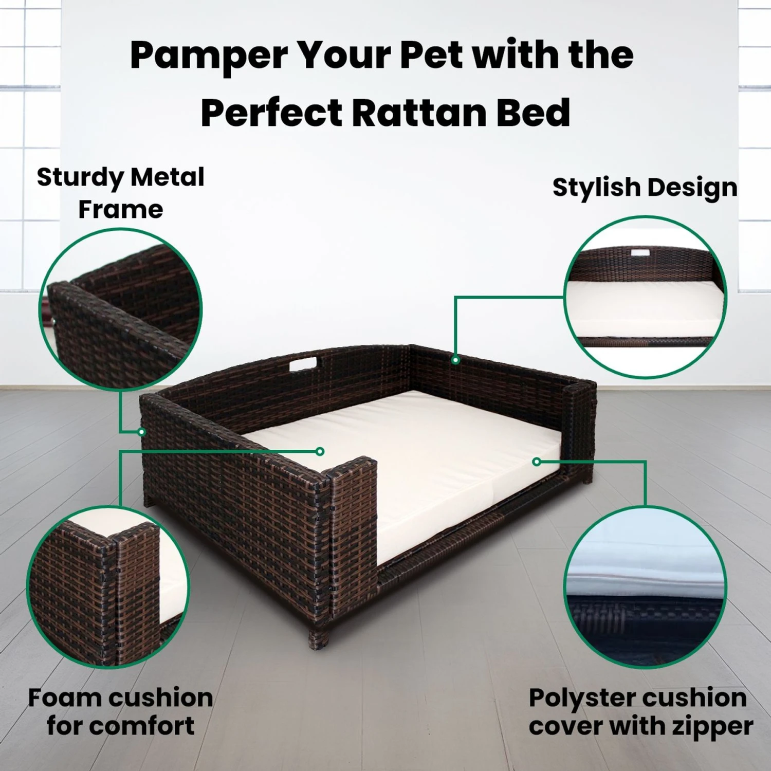 Iconic Pet Rattan Rectangular Sofa Cat & Dog Bed With Removable Cover, Espresso - Image 5