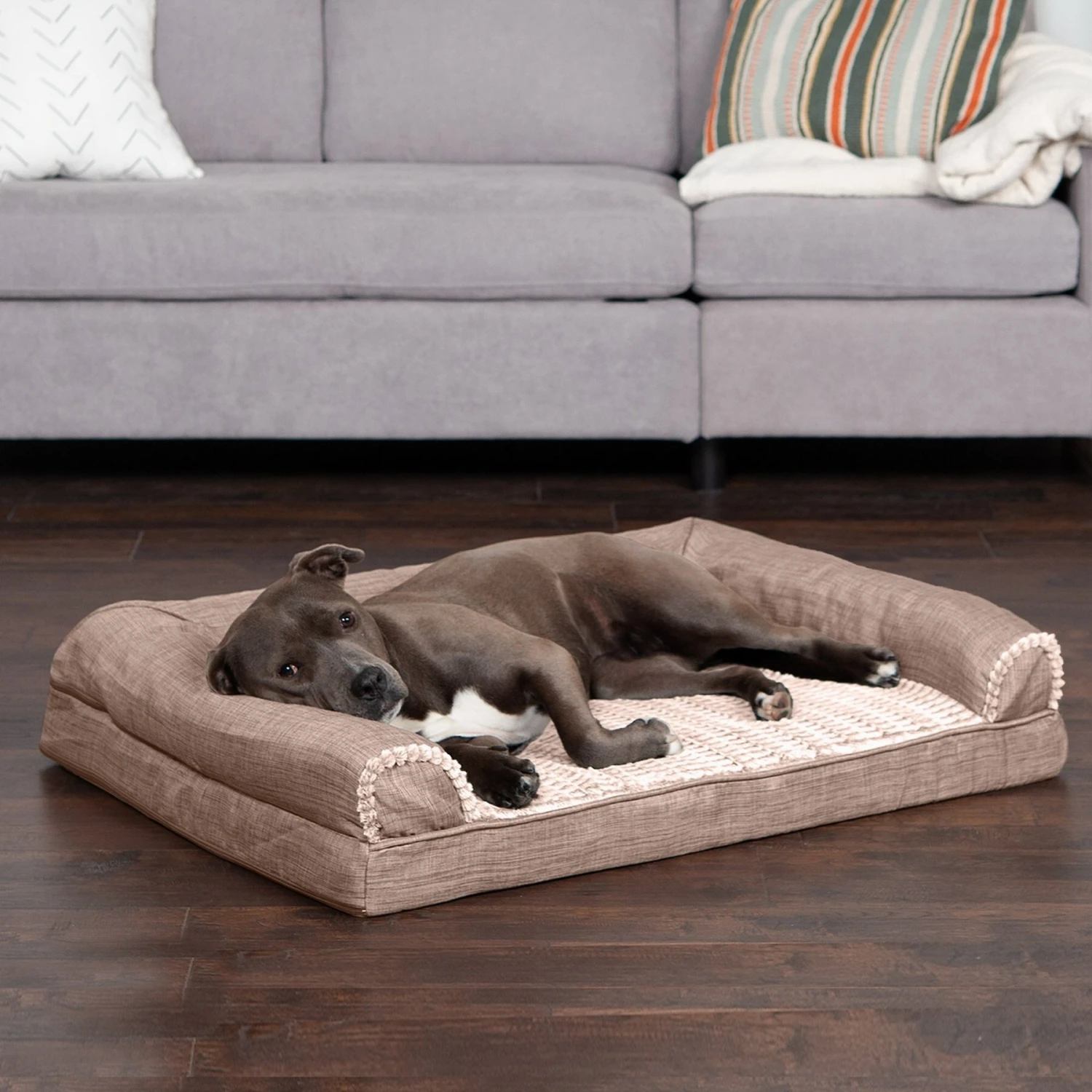 FurHaven Luxe Fur & Performance Linen Orthopedic Sofa Cat & Dog Bed With Removable Cover