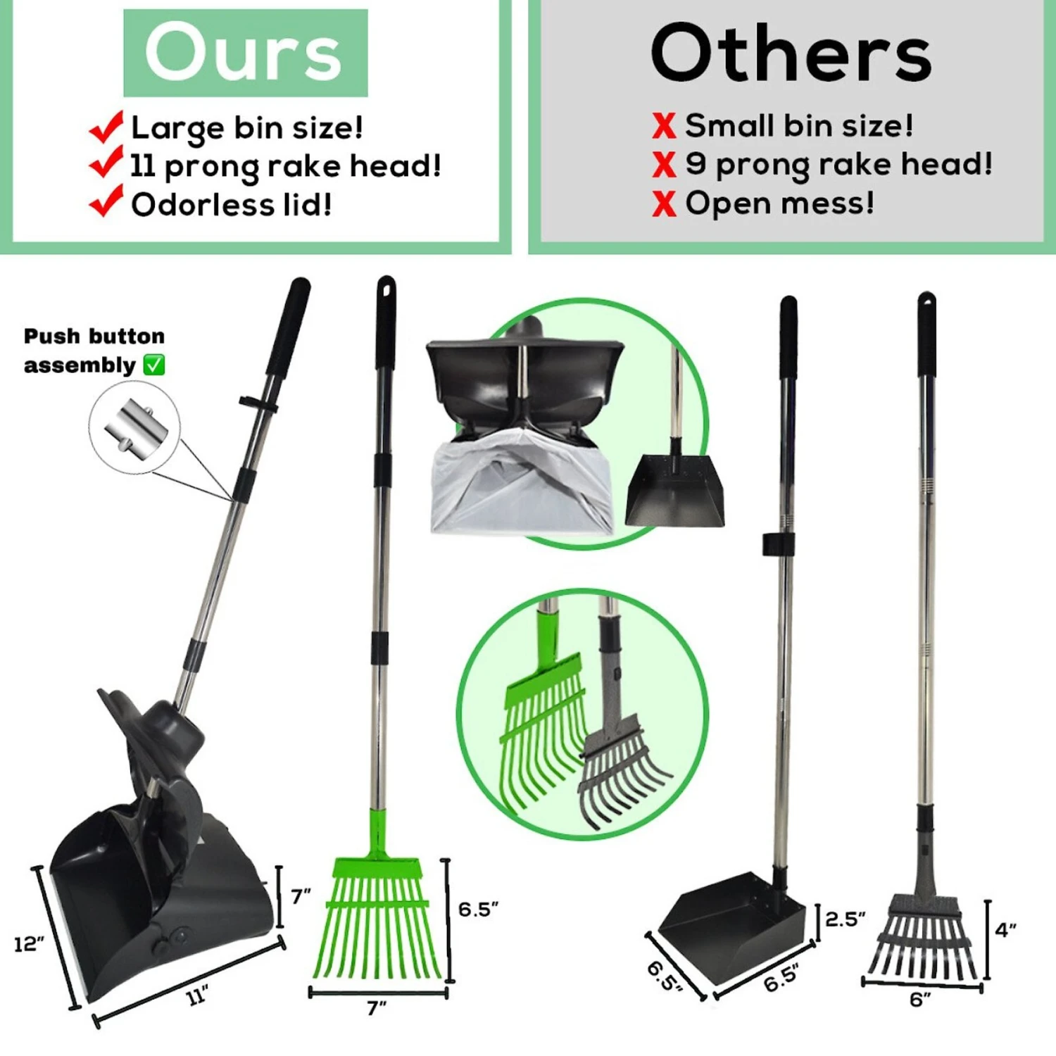 Hygena Scoop Odor Blocking Swivel Bin & Long Handle Rake Dog Poop Scooper - Image 2