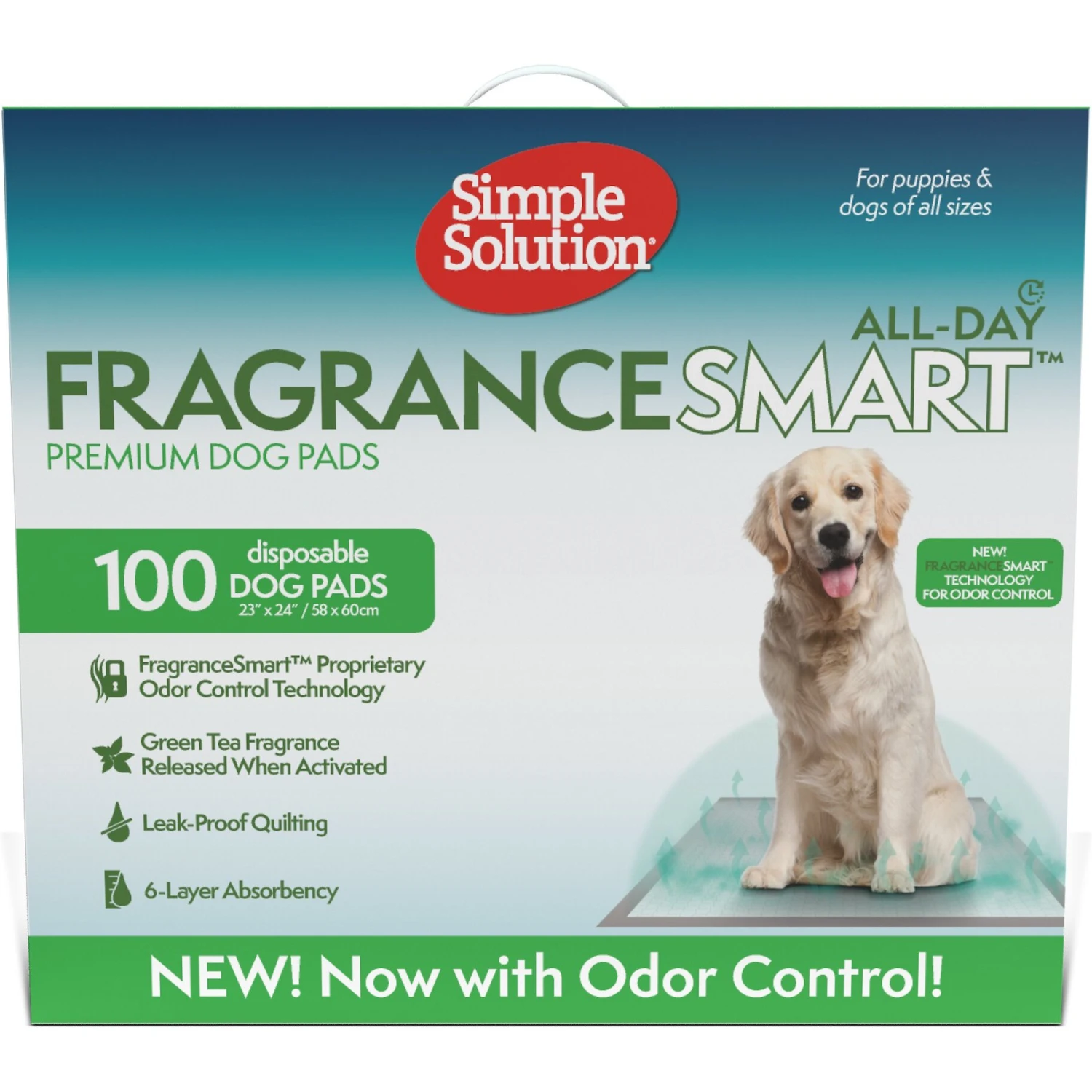 Simple Solution FragranceSmart Odor Control All Day, Green Tea Fragrance Odor Neutralizer With Wetness Indicator Dog Pads, 100 Count