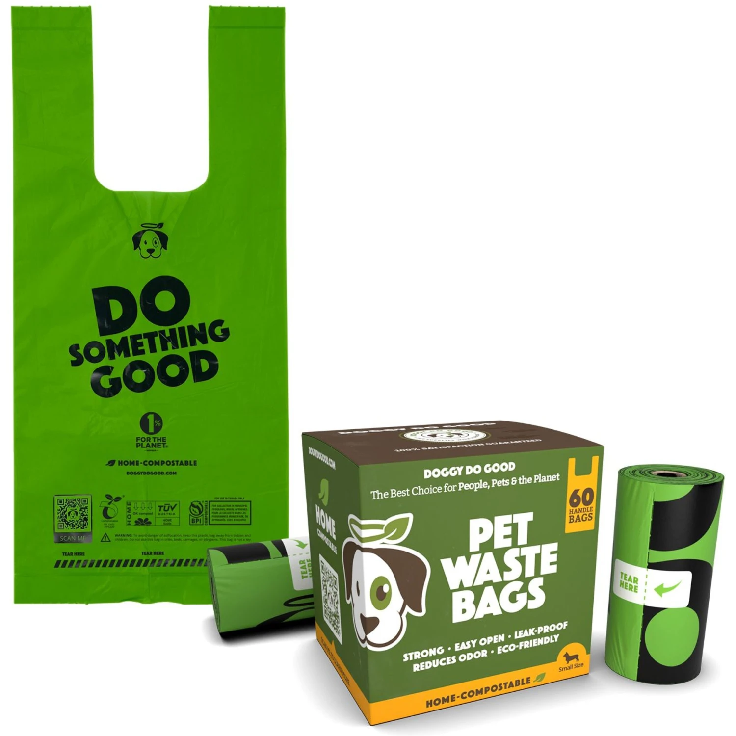 Doggy Do Good Certified Home Compostable Premium Dog & Cat Waste Bags, Small Handle Bags - On Rolls