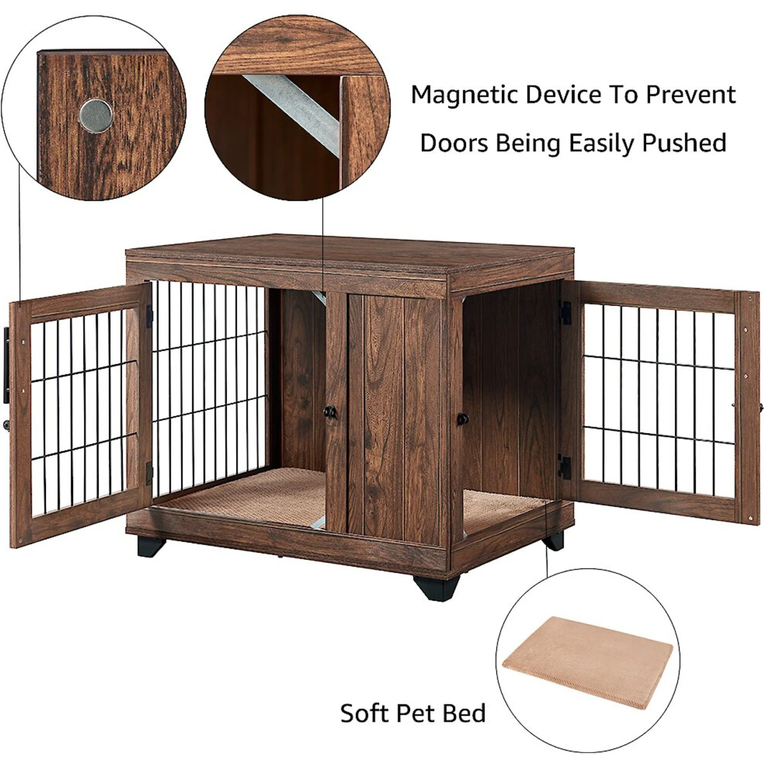 Unipaws Wooden Wire Furniture End Table Dog Crate, Walnut - Image 5