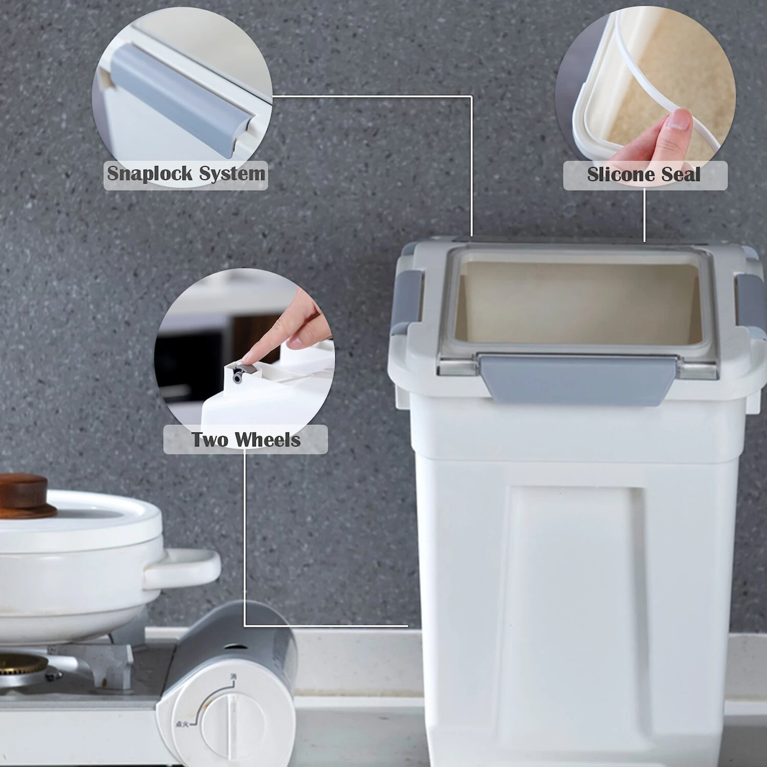 Hanamya Pet Food Storage Container With Measuring Cup, White & Gray - Image 2