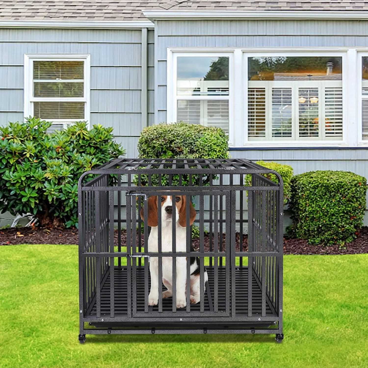 SMONTER Heavy Duty Metal Anxiety Indoor & Outdoor Large Breed Dog Crate, Dark Silver