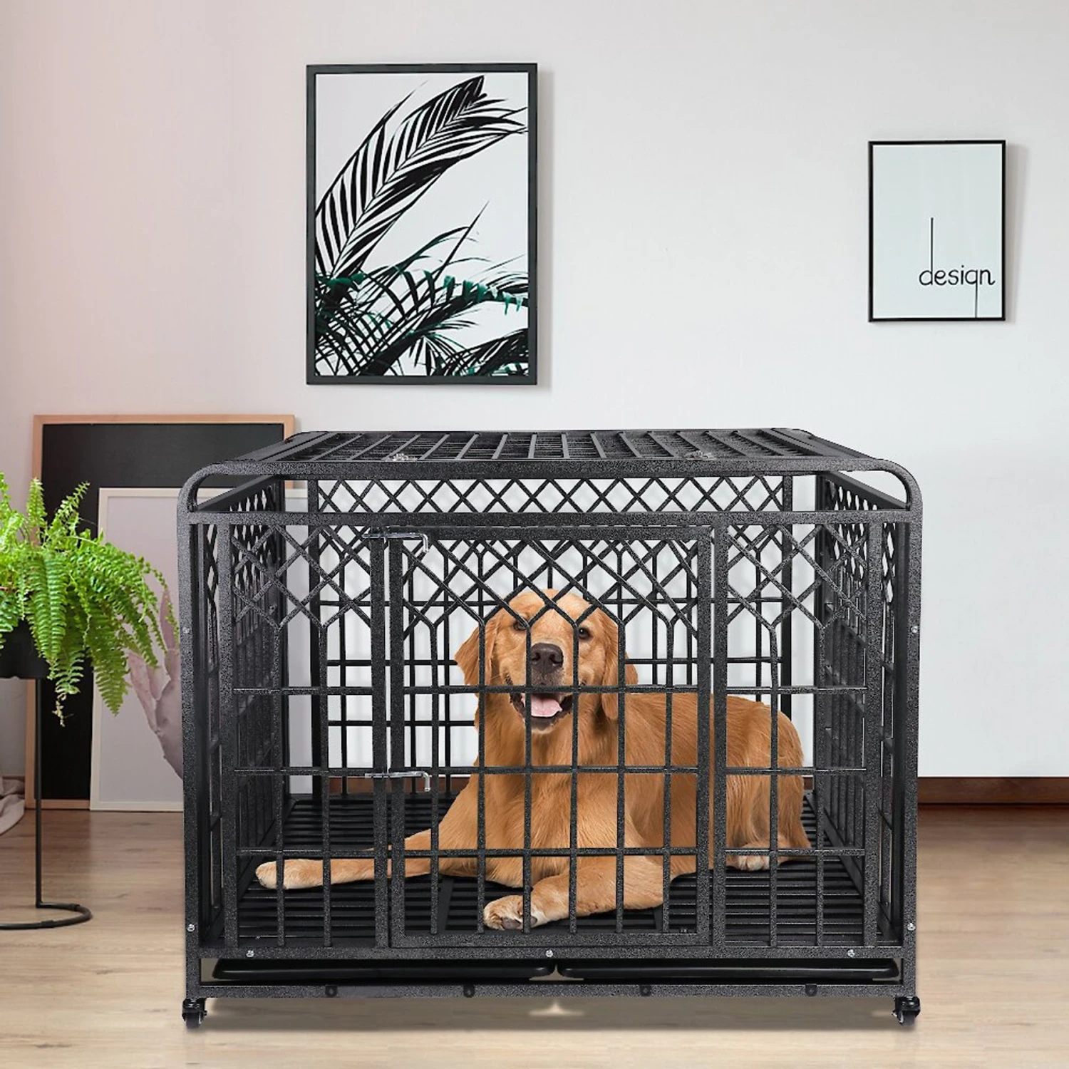 SMONTER Heavy Duty Double Lock Metal Large Breed Dog Crate, Dark Silver