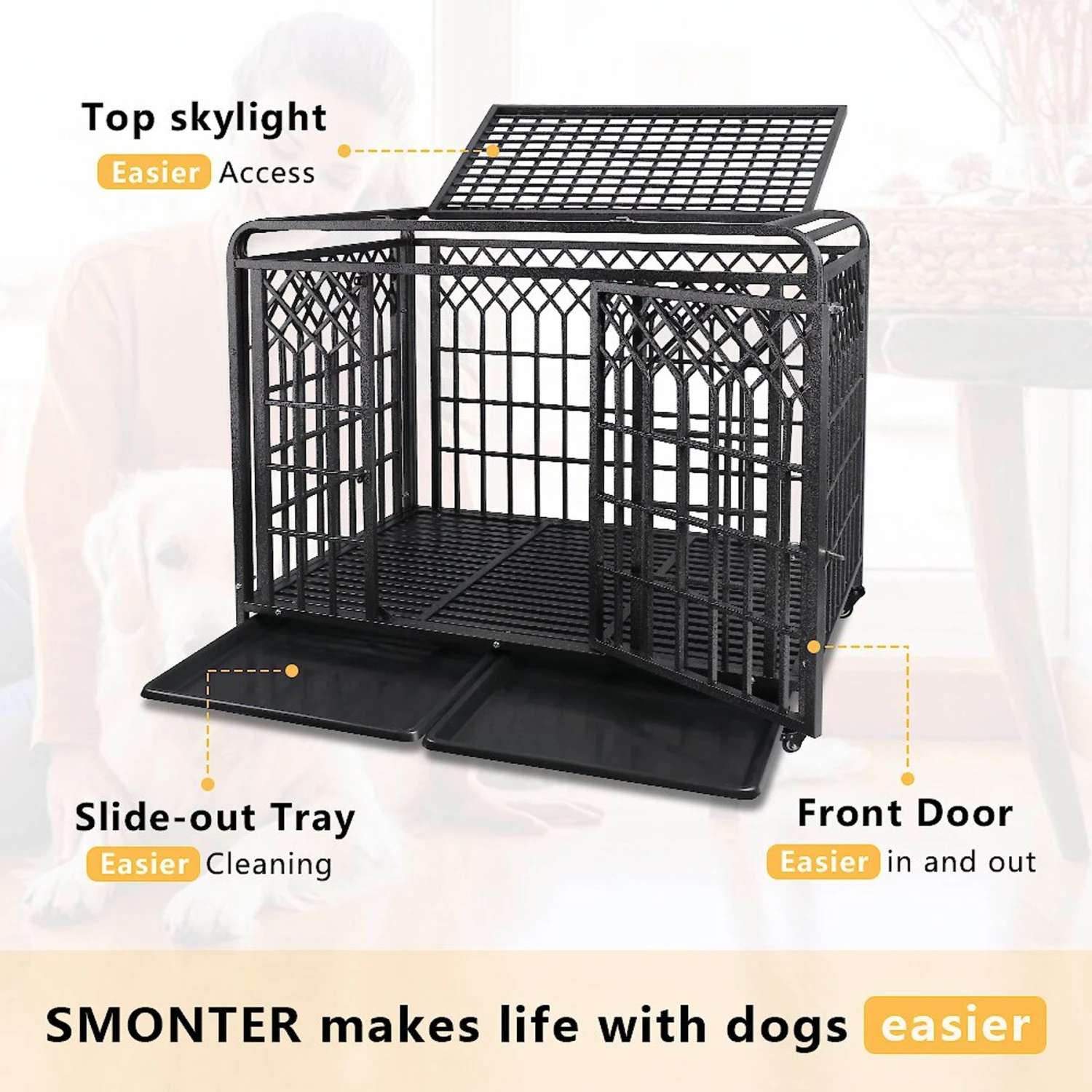 SMONTER Heavy Duty Double Lock Metal Large Breed Dog Crate, Dark Silver - Image 3
