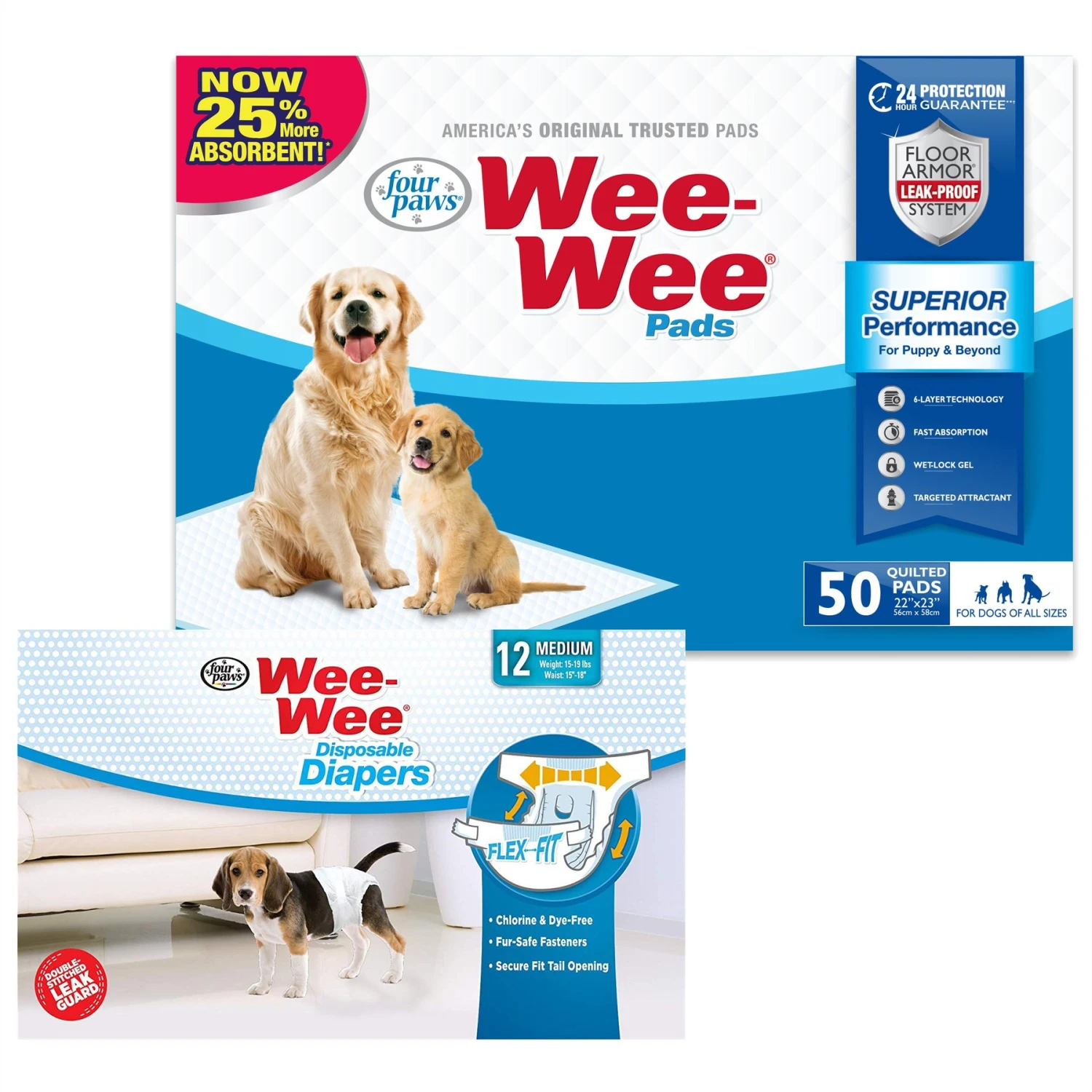 Four Paws Wee-Wee Disposable Dog Diapers & Four Paws Wee-Wee Superior Performance Dog Pee Pads