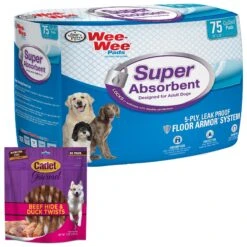 Four Paws Wee-Wee Super Absorbent Dog Pads & Cadet Gourmet Beef Hide & Duck Twist Sticks Dog Treats, 5-in