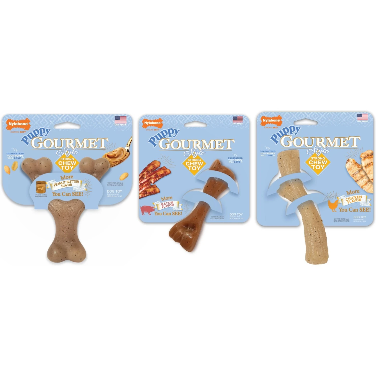 Nylabone Puppy Gourmet Style Strong Chew Dog Toys, Bacon, Chicken, Peanut Butter