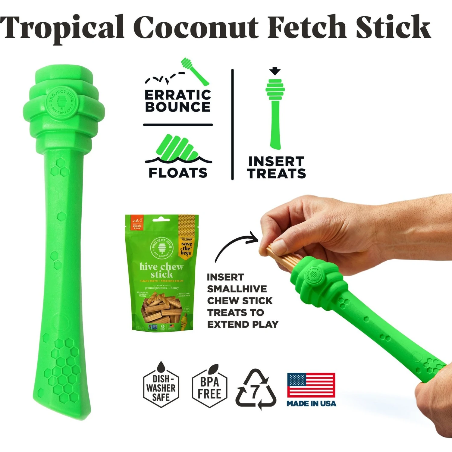 Project Hive Pet Company Hive Tropical Coconut Scented Fetch Stick Dog Toy, Green - Image 2