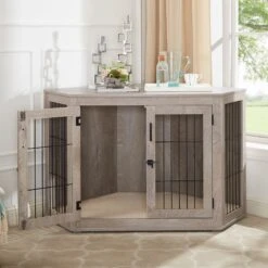 Unipaws Furniture Corner Dog Crate With Cushion, Weathered Grey